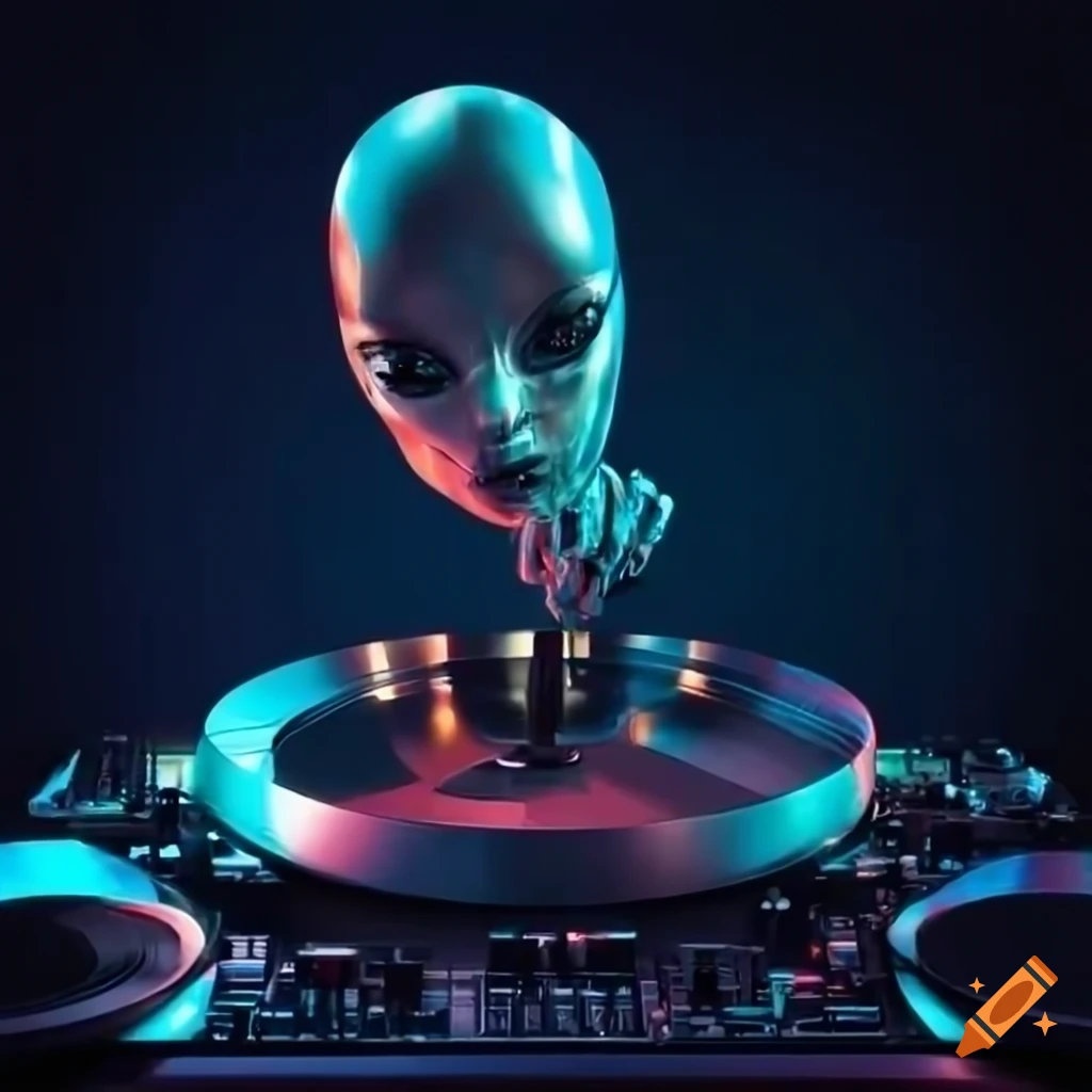 futuristic female alien DJ in a club