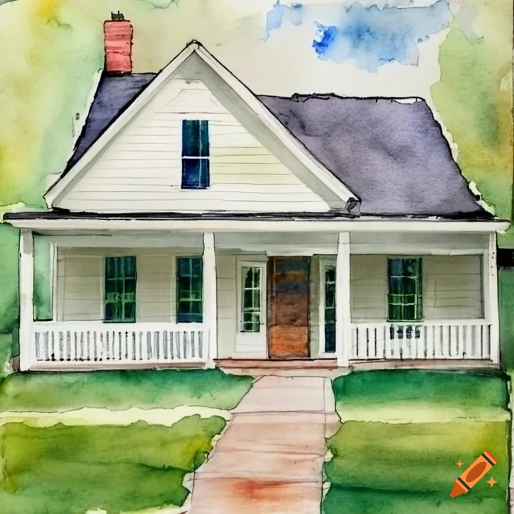 watercolor of a modern farmhouse with a porch