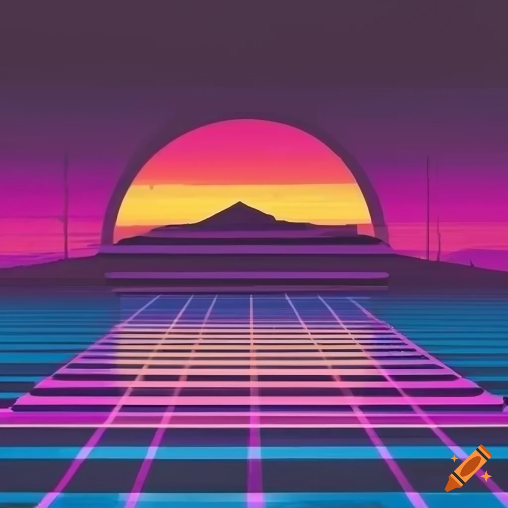 retrowave art of a desert sunset with white perspective grid