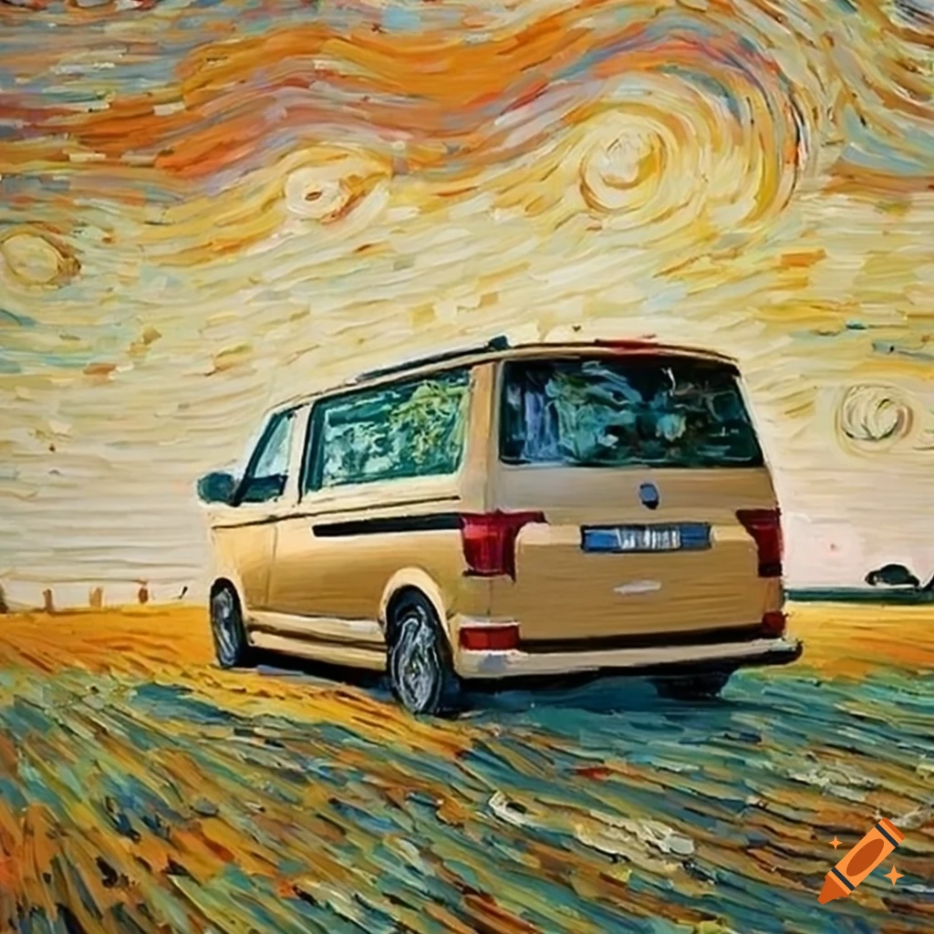 Van Gogh inspired painting of a beige VW T6 van in a field