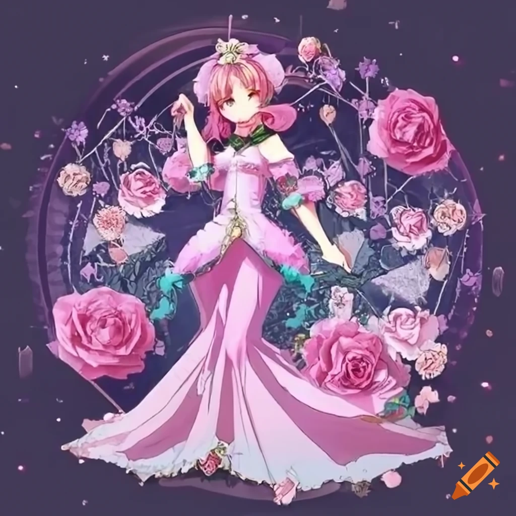 retro-style magical girl with a pink hat and roses