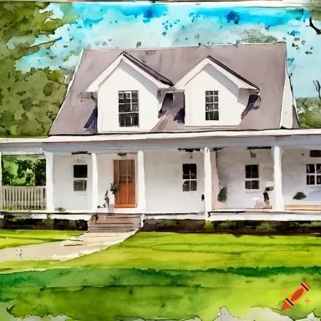 watercolor of a modern farmhouse with a porch