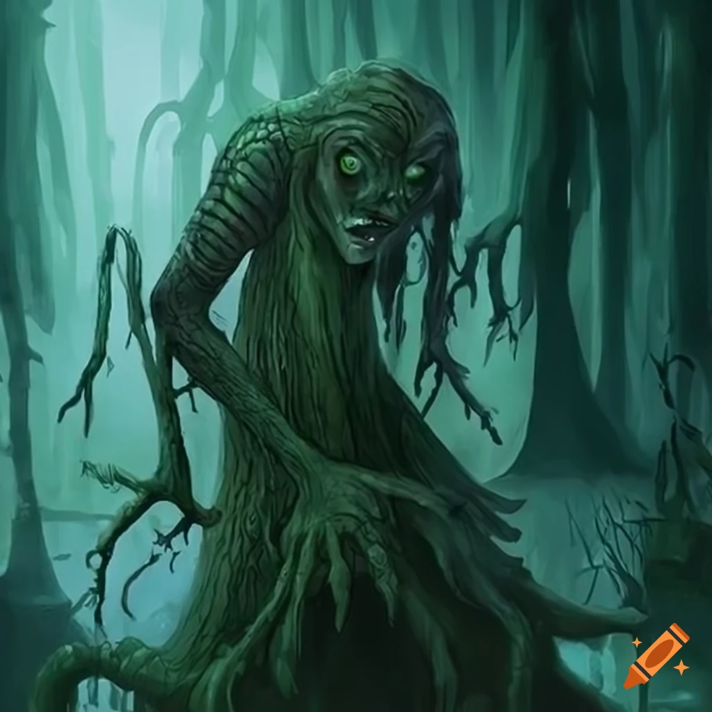 fantasy artwork of a swamp spirit possessing a body