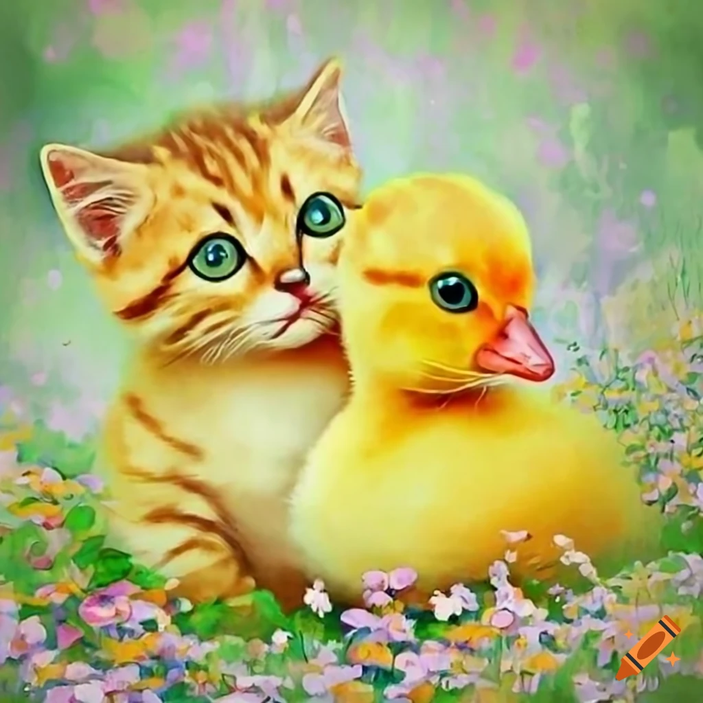 watercolor of a kitten and a duckling cuddling in a field of flowers