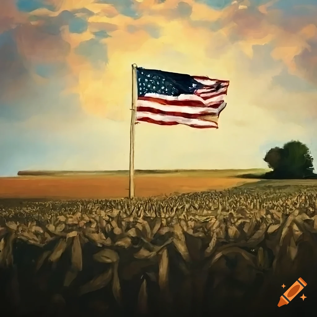 painting of an American flag against farm fields