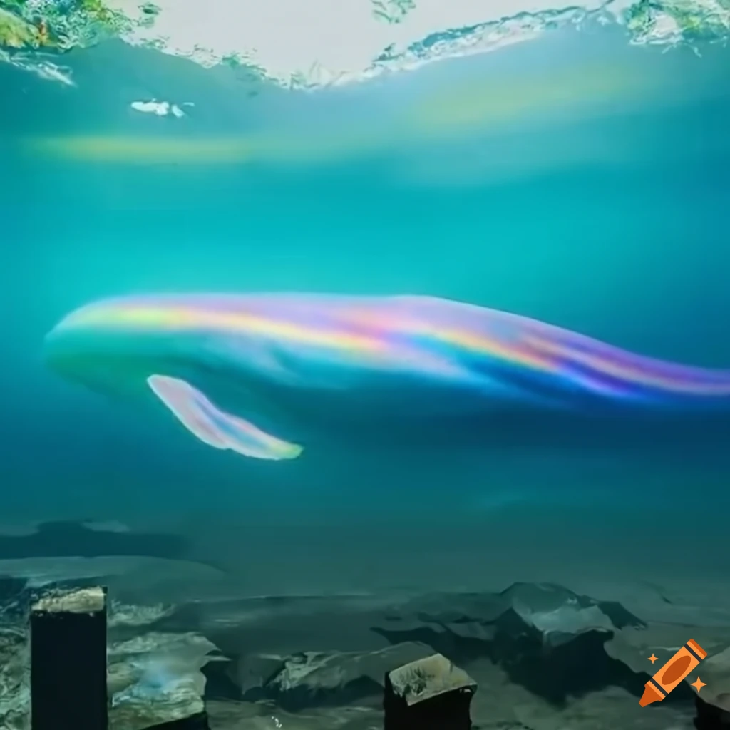 vibrant whale emerging from the ocean in a flooded ancient city