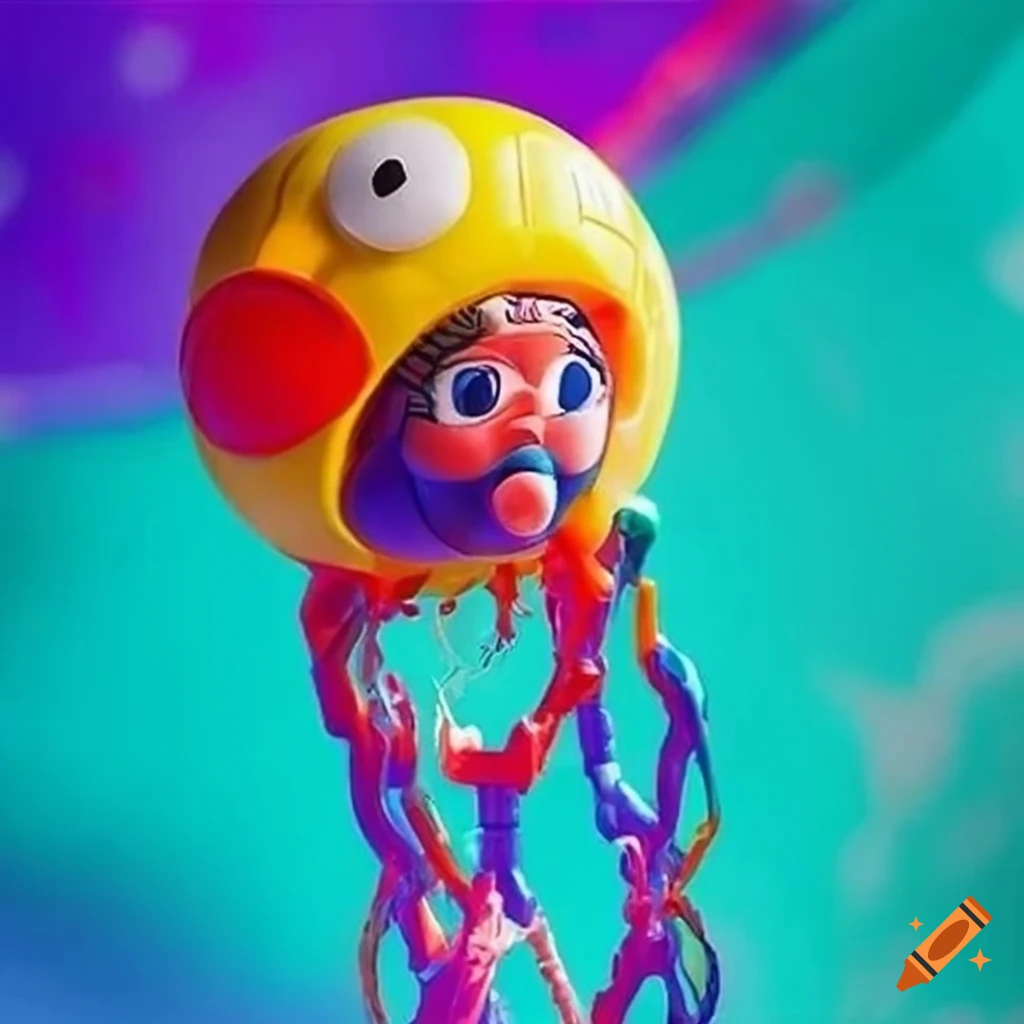 colorful 90s anime-inspired playground with toys and colorful balls