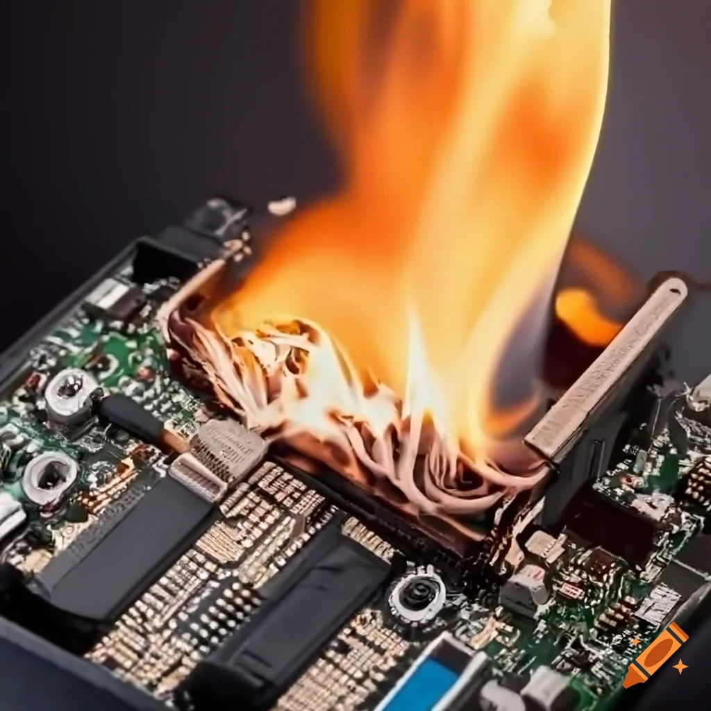 photorealistic image of burning legacy computer hardware