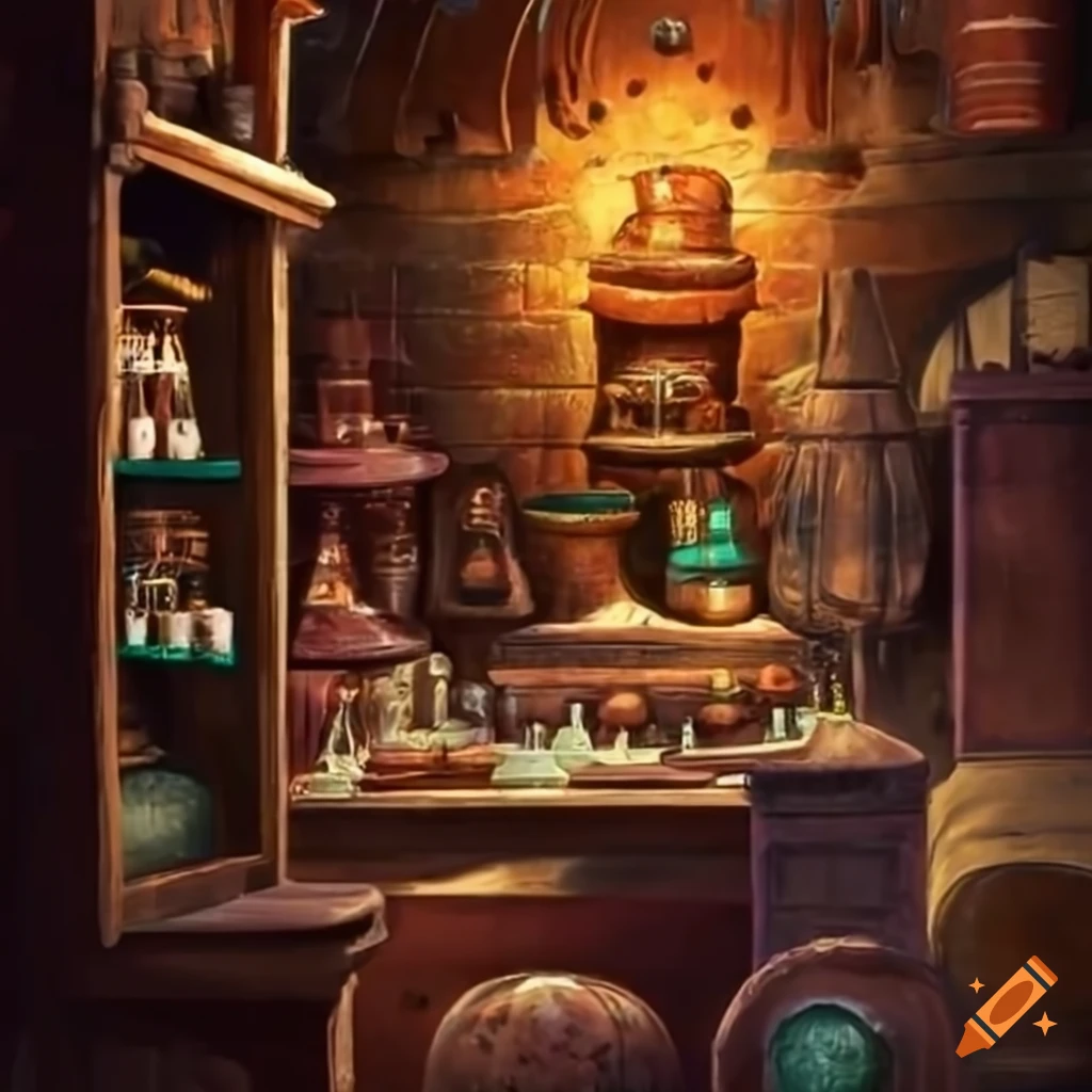 picture of an apothecary and potion shop in a small mountain town