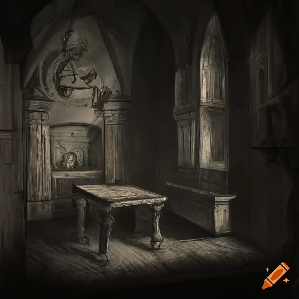 medieval lord's war room with oak table