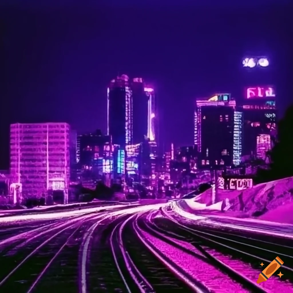 purple neon city with train tracks album cover
