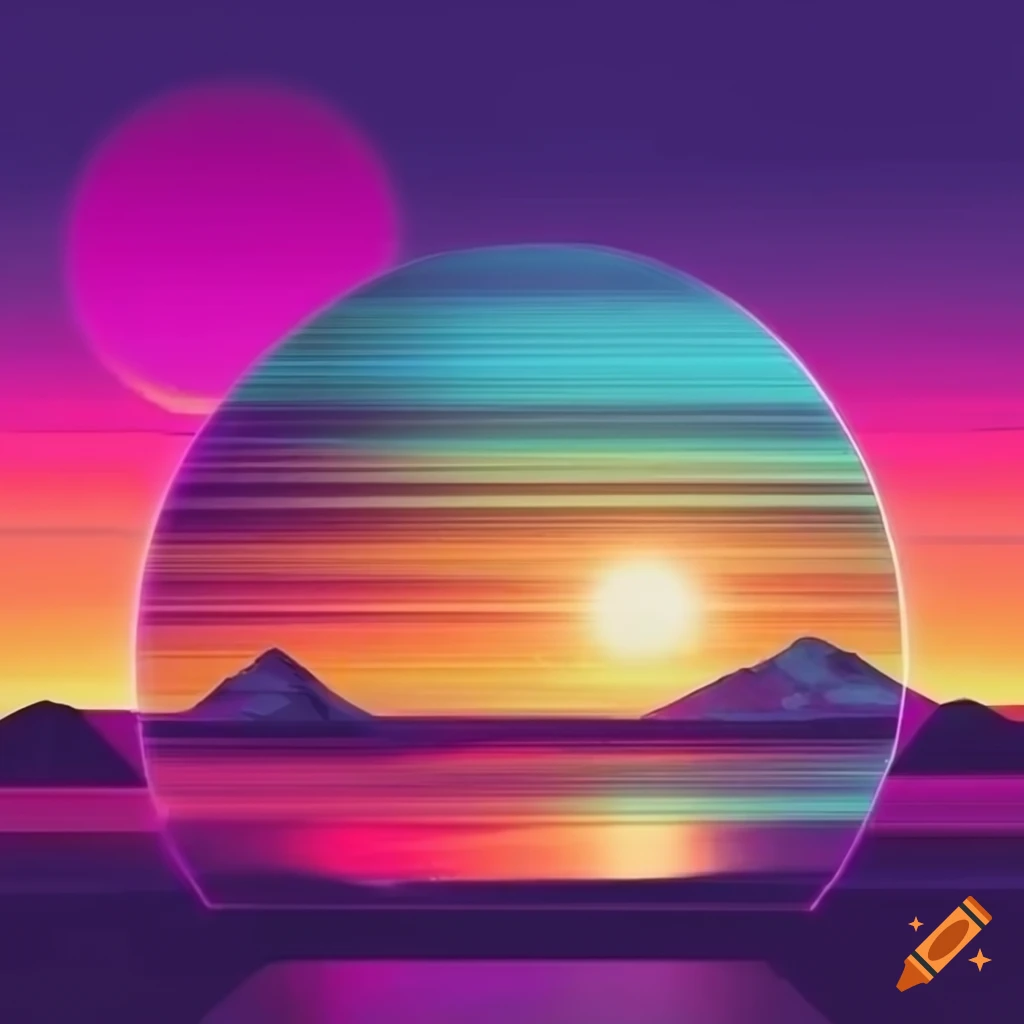 retrowave art of a desert sunset with white grid