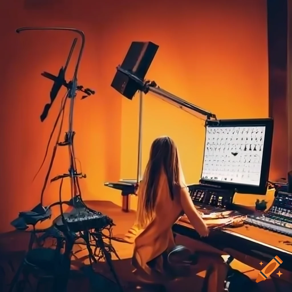 artist working in an orange recording studio
