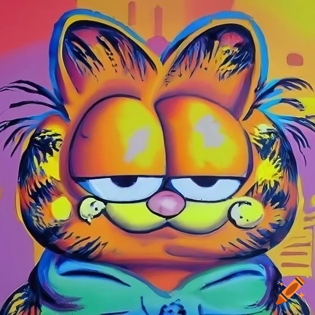 oil painting of a smiling Garfield in colorful background