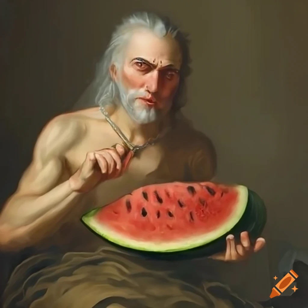 portrait of Geralt of Rivia holding a watermelon