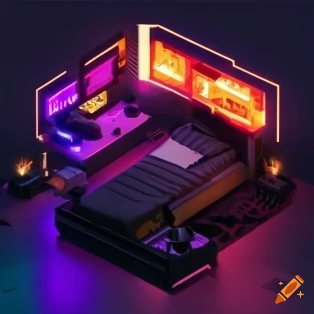 cyberpunk hacker's bedroom with a flame