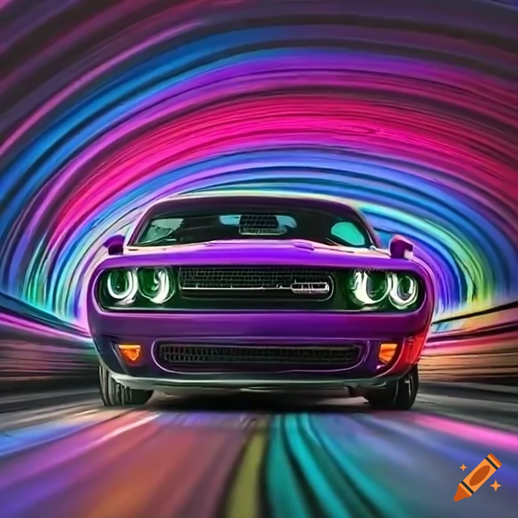Purple Dodge Challenger racing on a colorful rainbow road tunnel