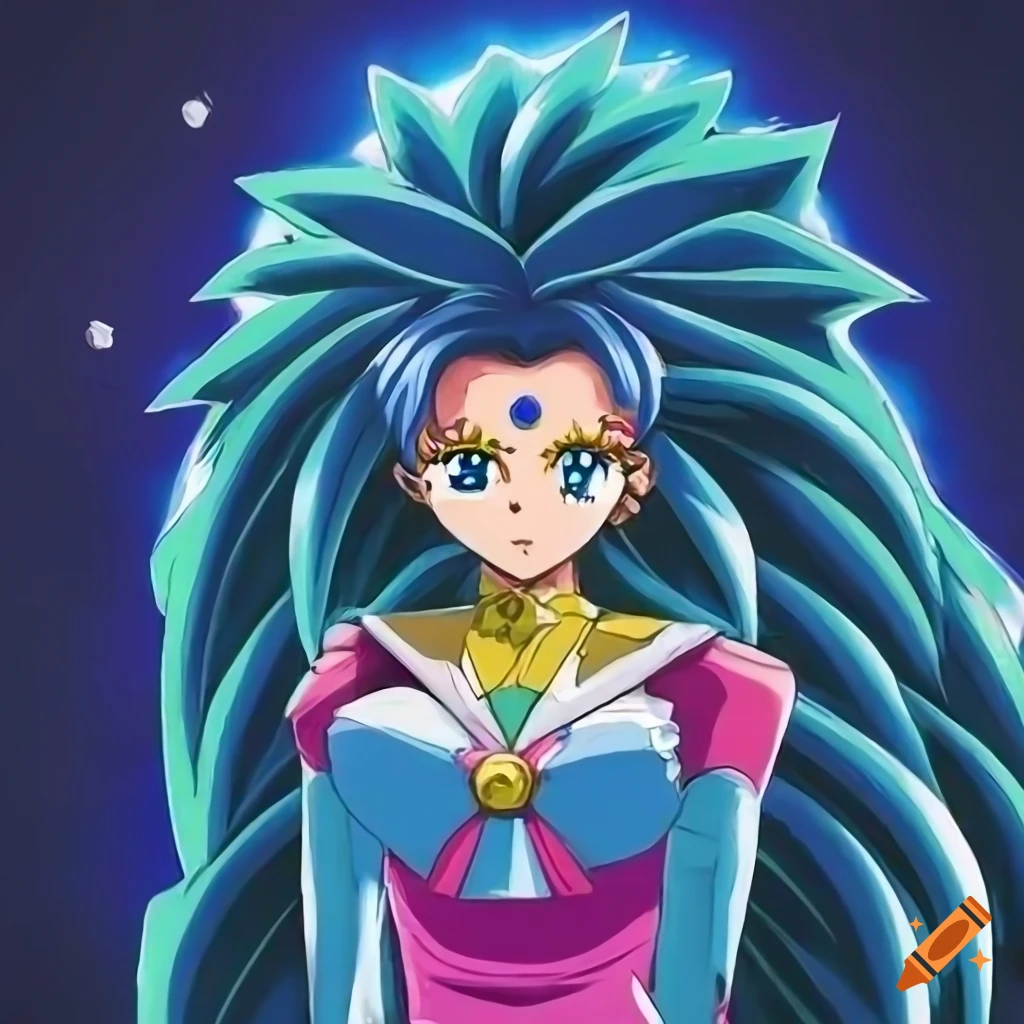 Sailor Moon with blue SSJ3 hair and powerful aura
