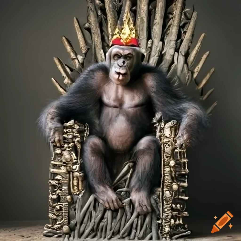 chimpanzee sitting on iron throne