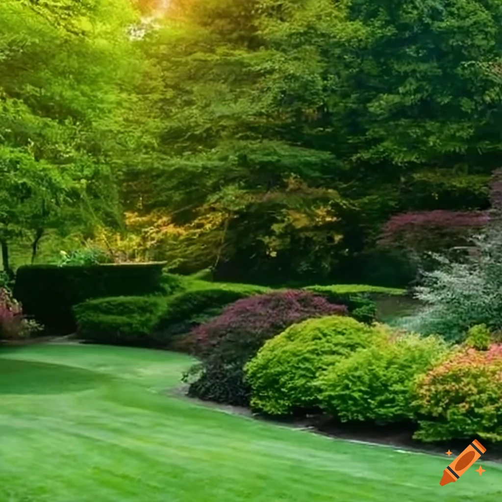 late summer residential landscape design with trees and water feature