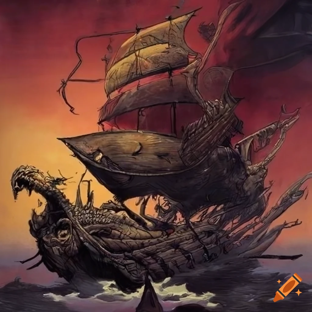 sinister dragon skeleton ship in a stormy sea