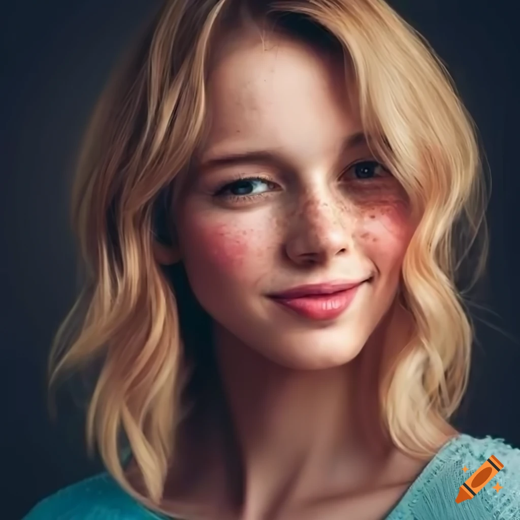 Portrait of a young woman with delicate freckles and wavy strawberry