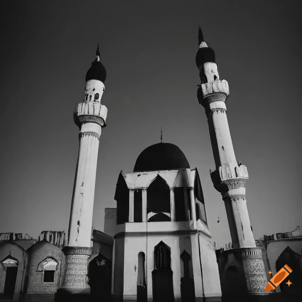 black and white photo of birds in a mosque
