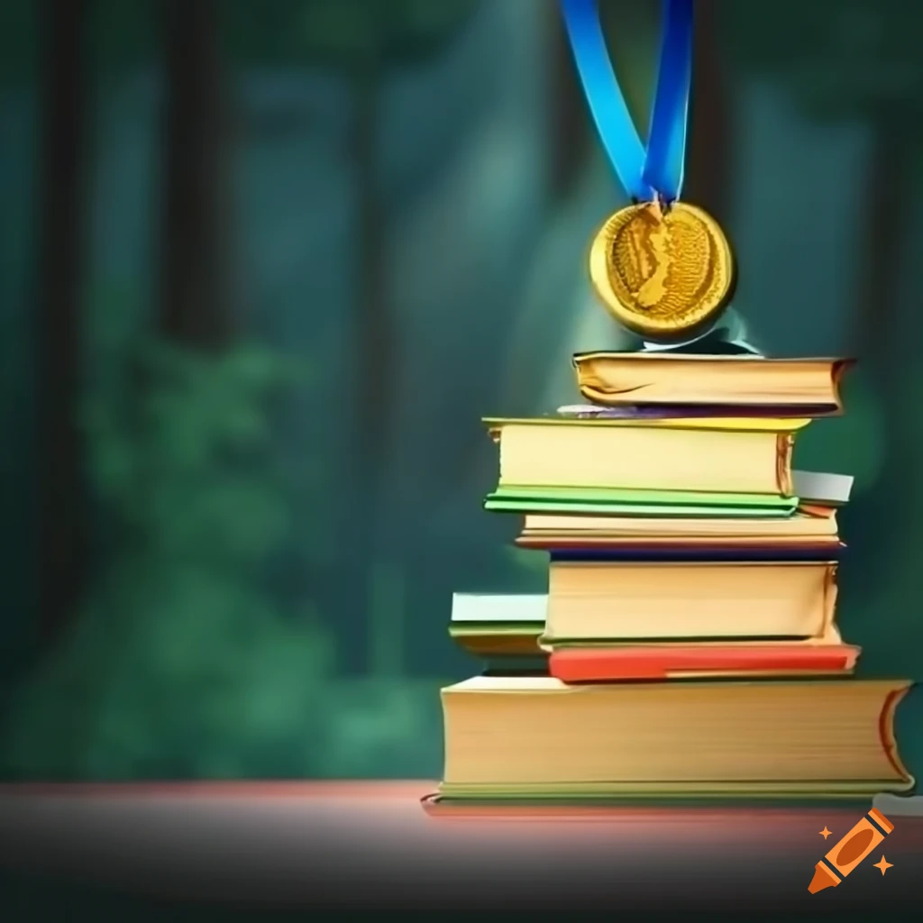 gold medal on a pile of books with forest background