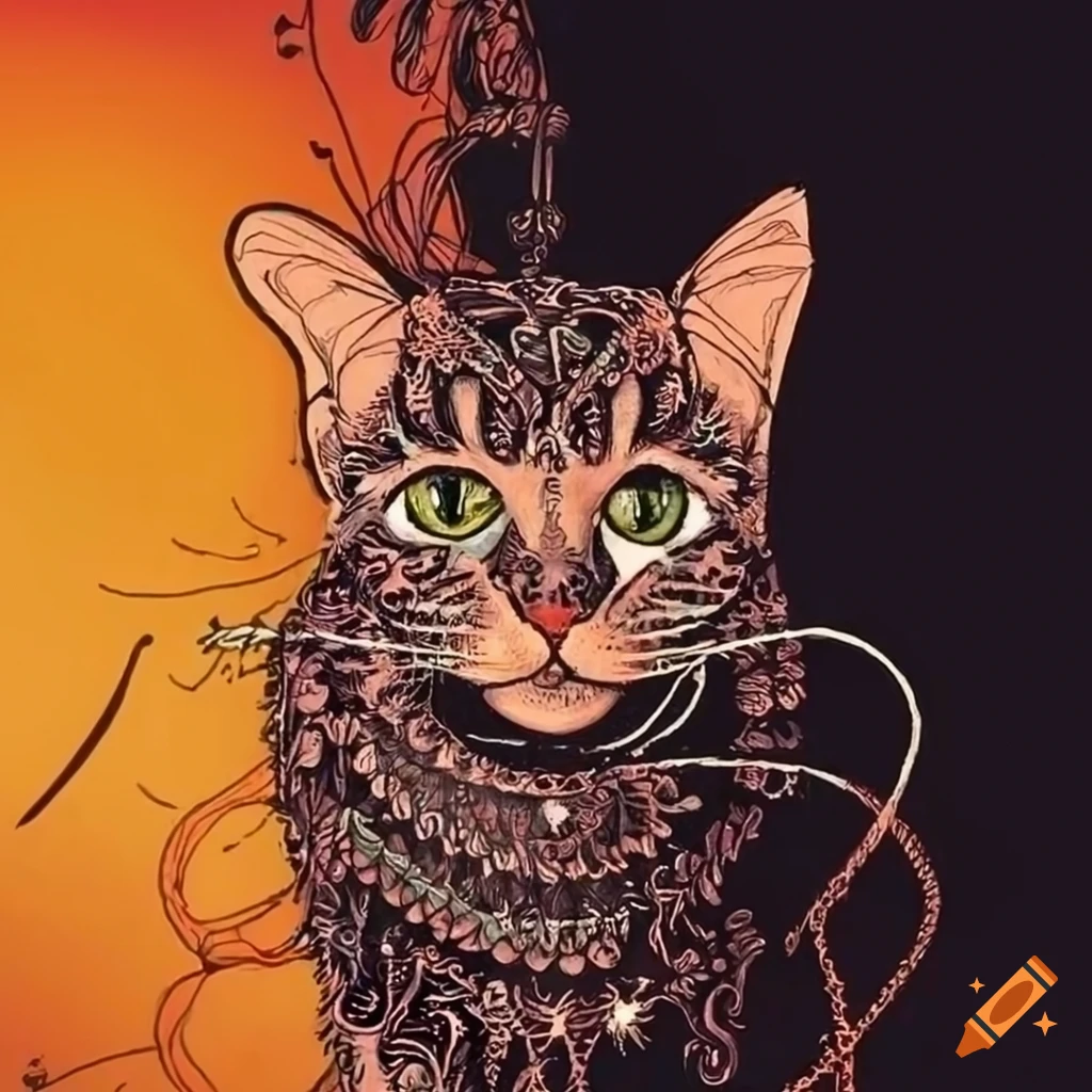 eerie zentangle drawing of a cat in autumn theme
