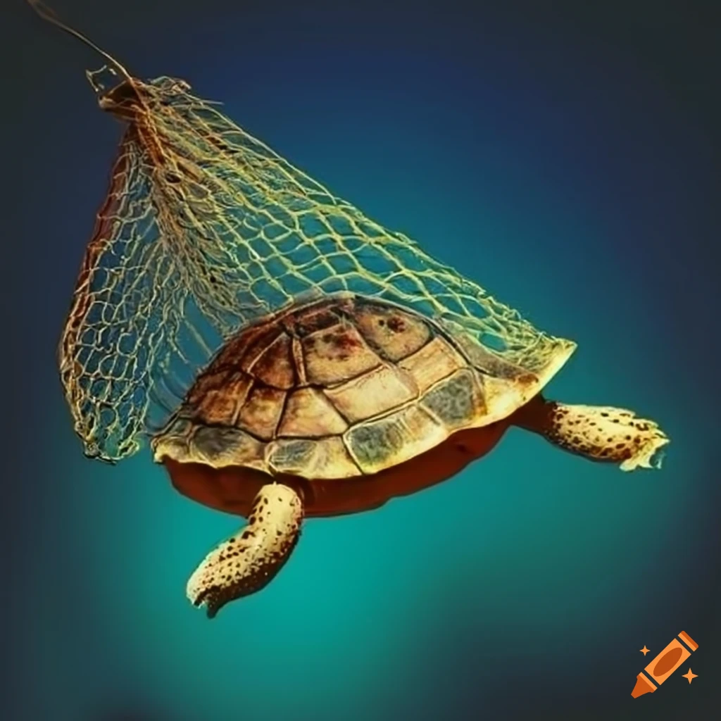 image of a turtle caught in a net