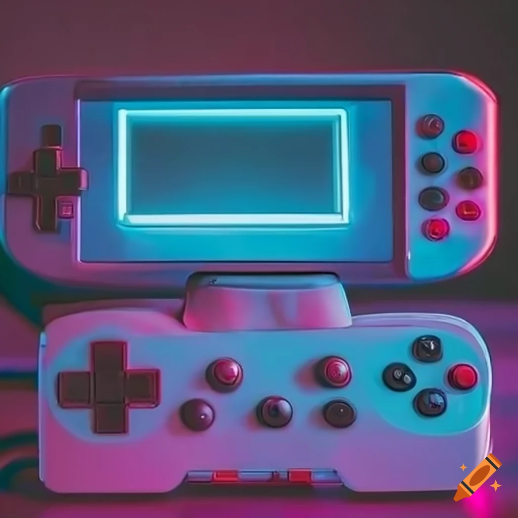retro handheld gaming console on a dimly lit desk
