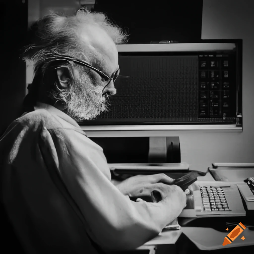 Detailed image of an old programmer typing code on a retro computer on ...
