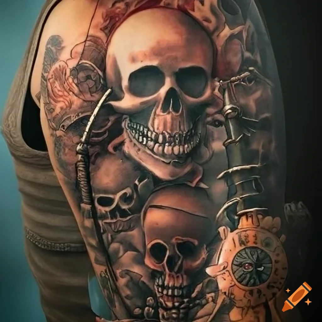 pirate-inspired compass tattoo with swords and skull