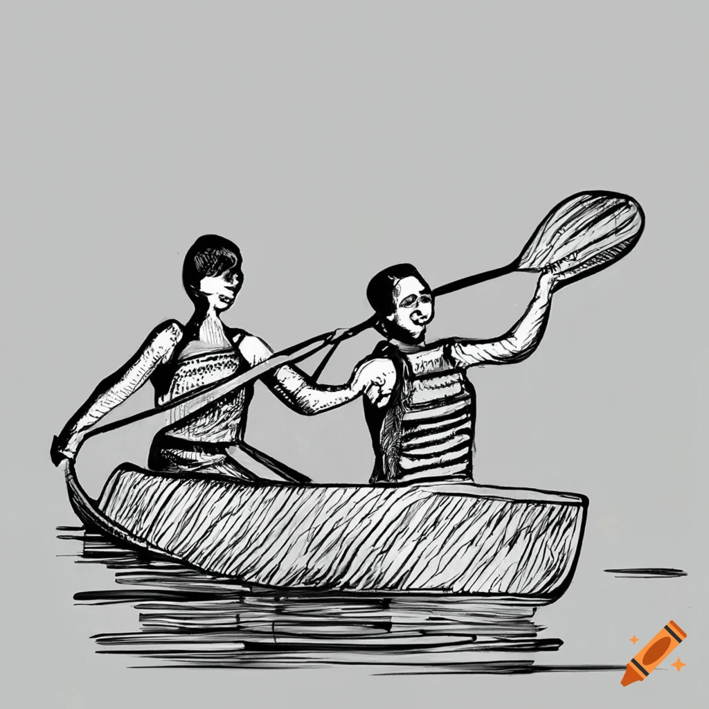 black and white pencil drawing of a couple canoeing