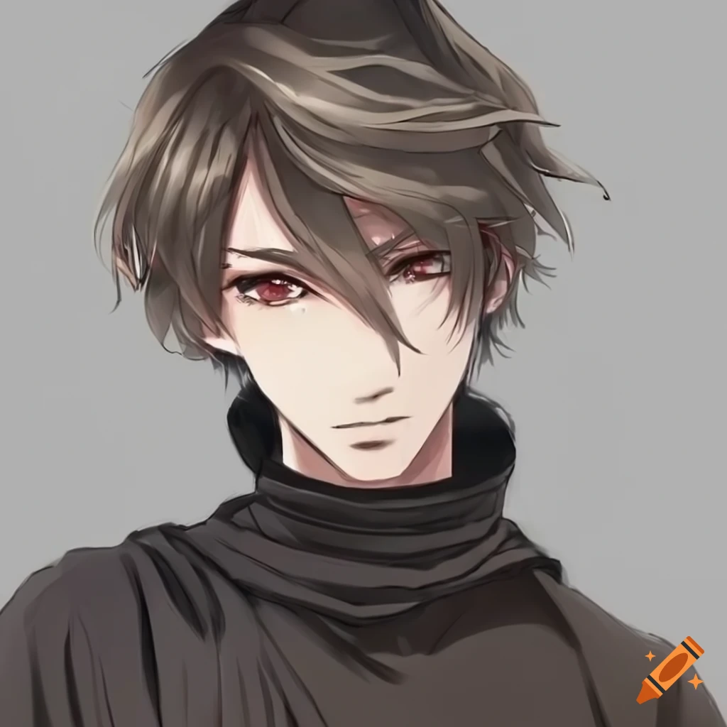 anime-style male character with ash blonde hair and dark brown eyes