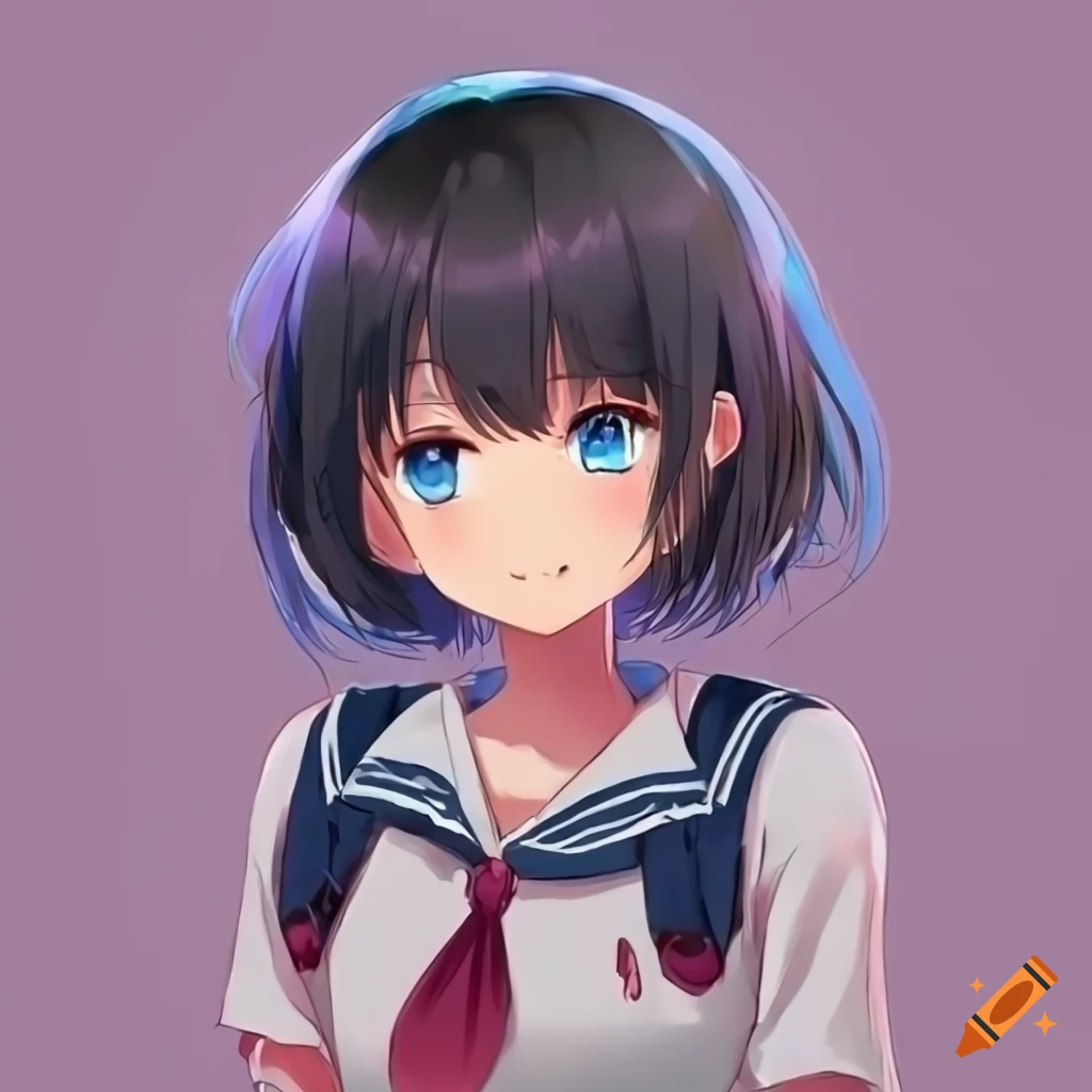 smug anime schoolgirl with black hair and blue eyes