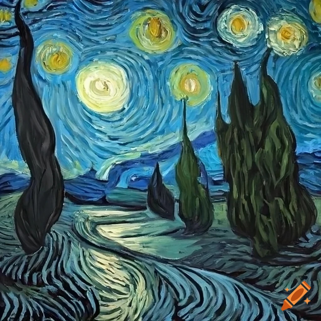 acrylic painting of a moonlit landscape in van gogh style