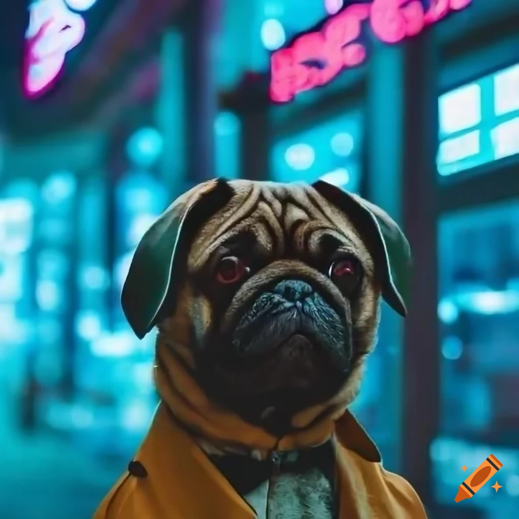 close-up photo of a pug in a trench coat in a futuristic Japanese market