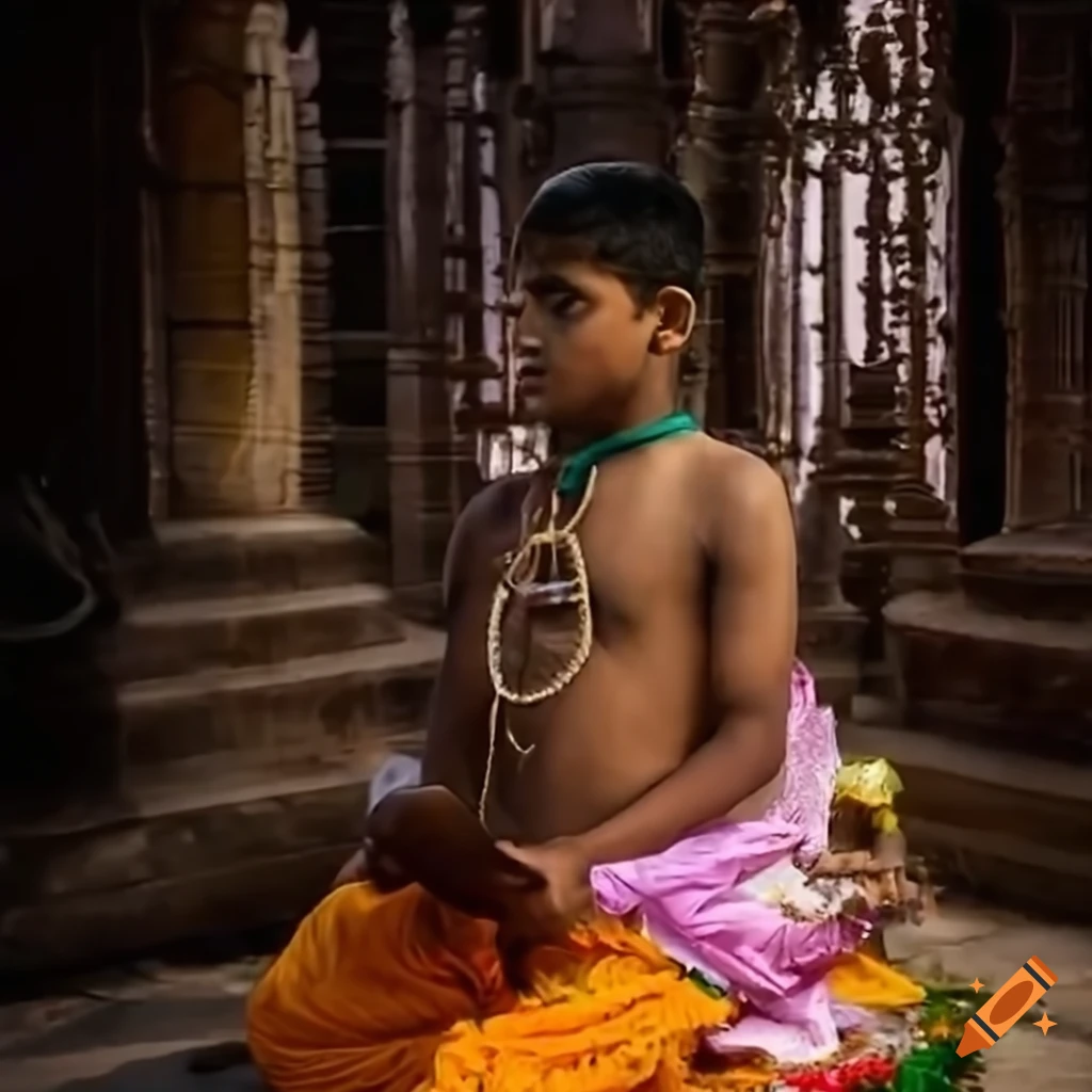 boy performing Hindu ceremony in front of shivlinga
