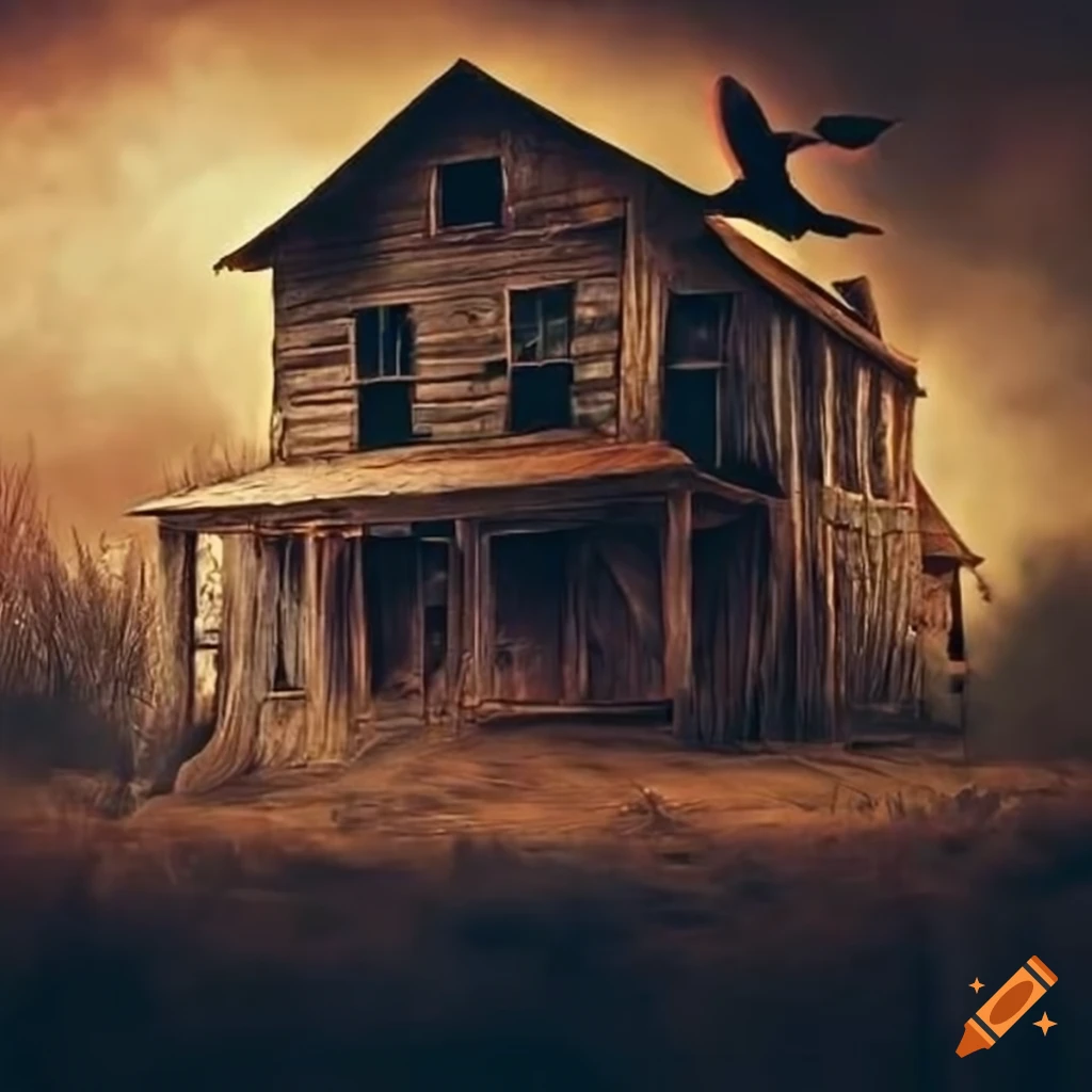 illustration of a spooky farmhouse with crows