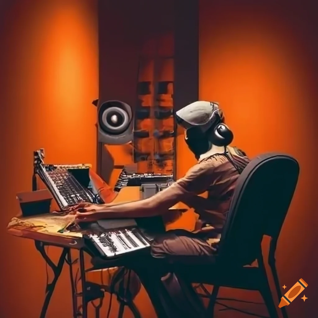 artist working in an orange recording studio