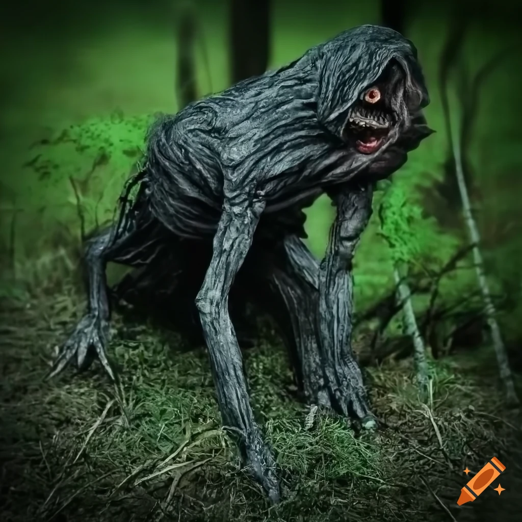 realistic depiction of a folk horror creature in a dark forest