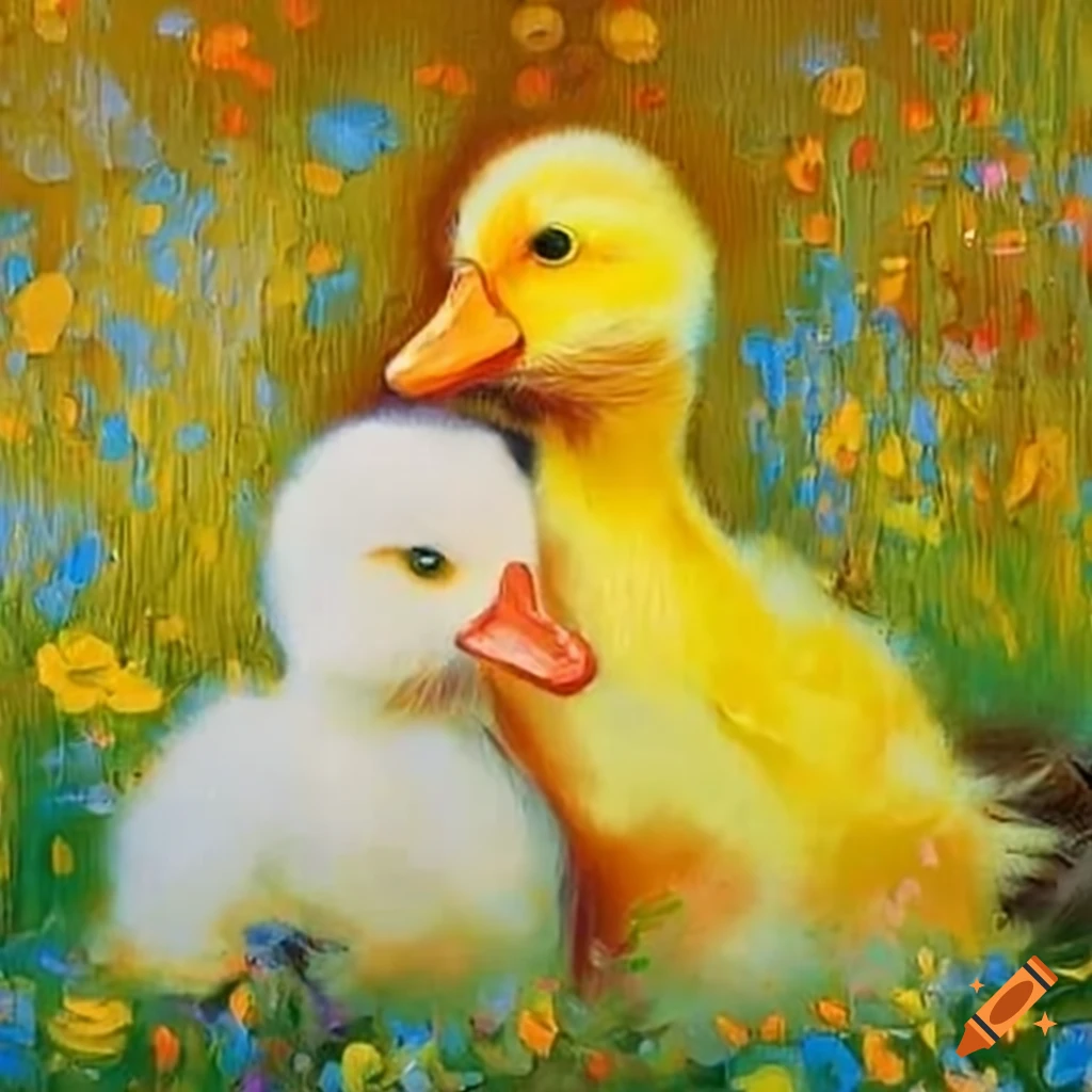 watercolor of a kitten and a duckling cuddling in a field of flowers