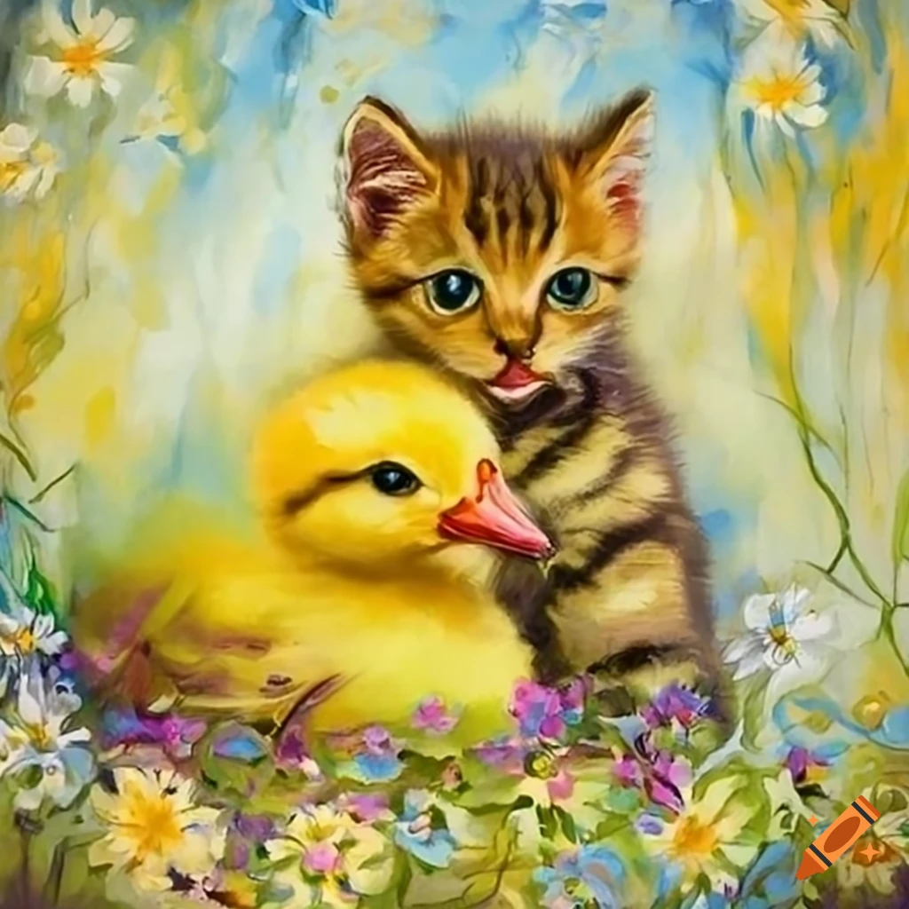 watercolor of a kitten and a duckling cuddling in a field of flowers