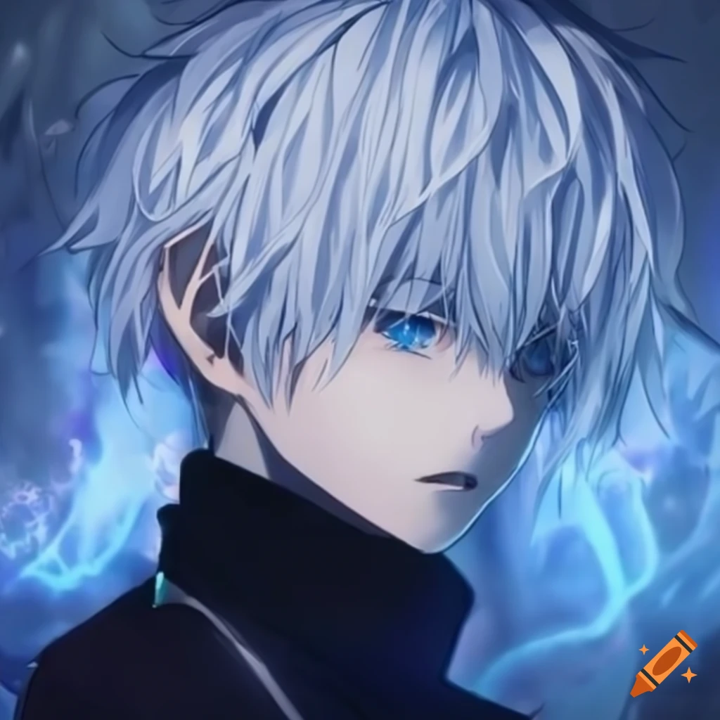 anime character with white hair and blue eyes at night