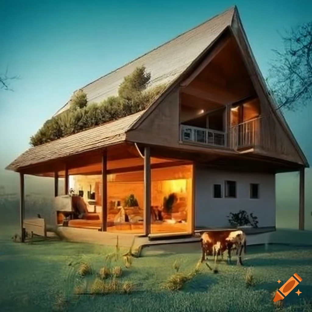 imagen de una casa en el campo rodeada de naturaleza y ganado