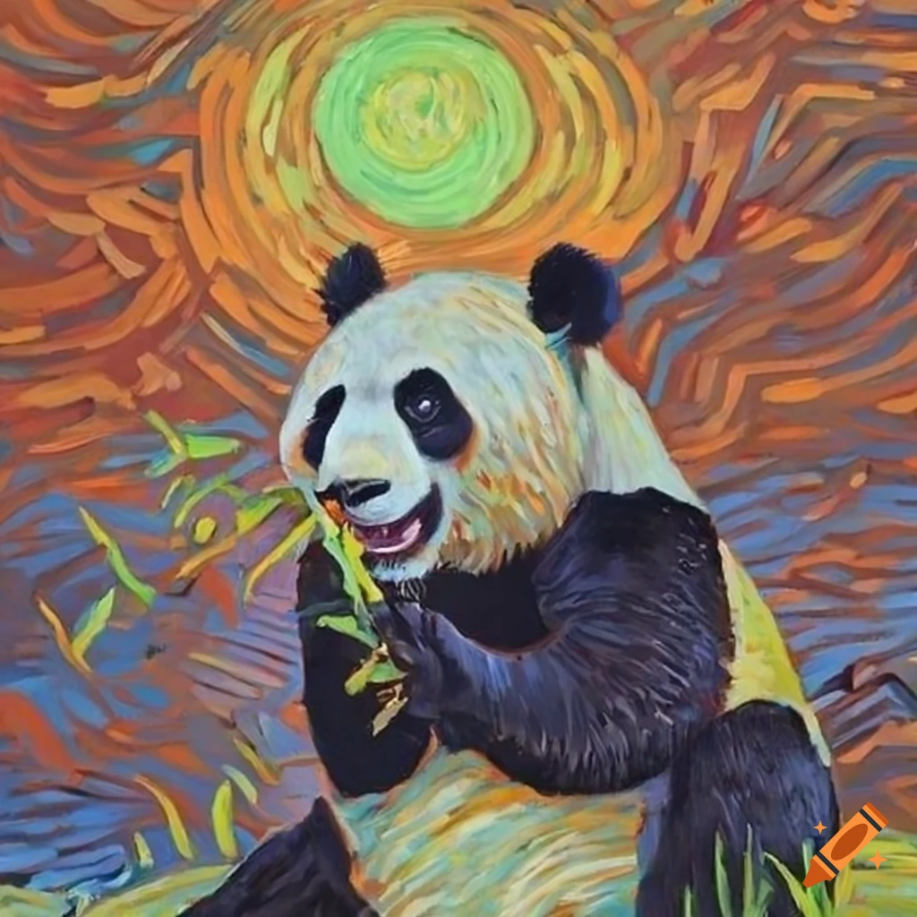 van gogh style painting of a panda eating bamboo