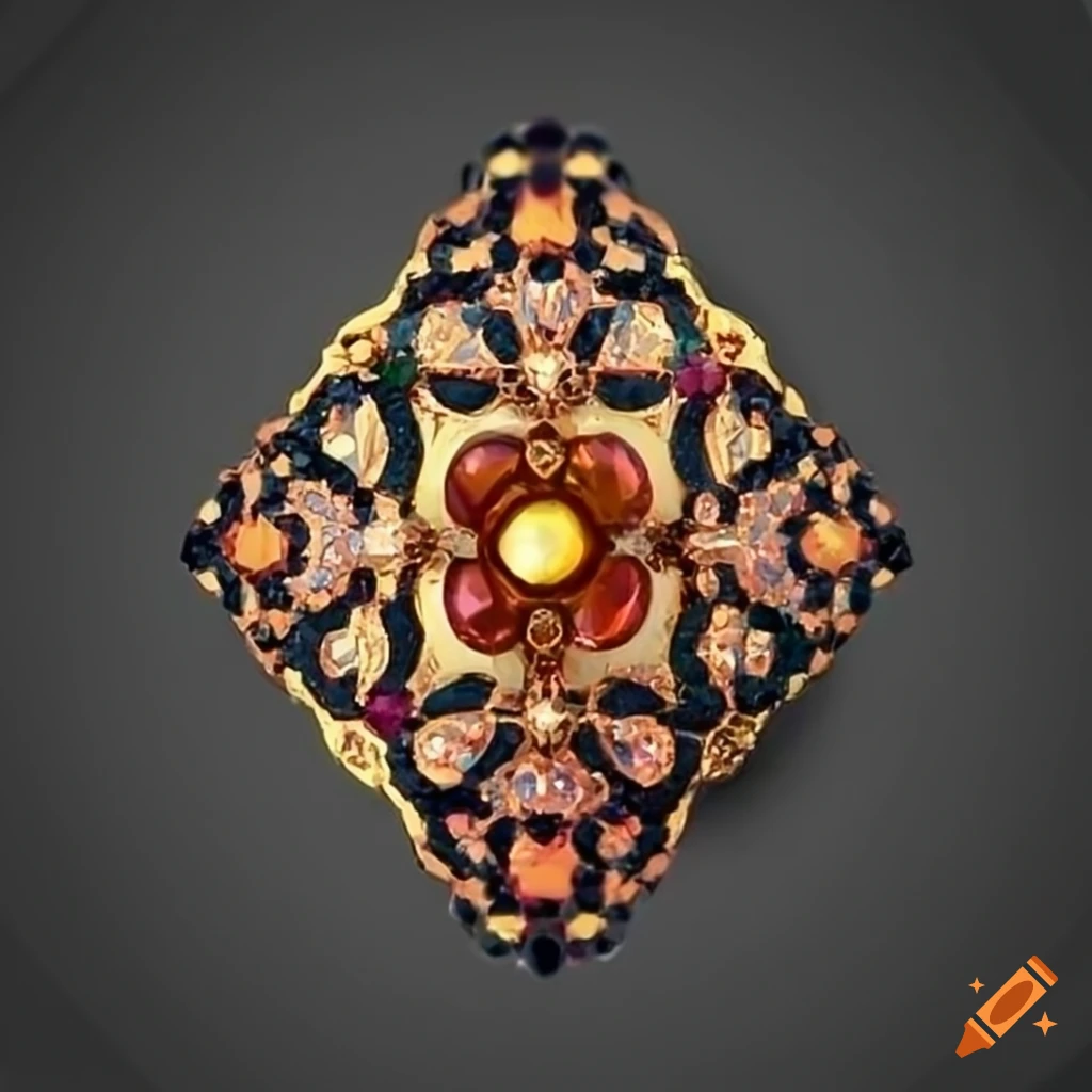 jeweled coral, amber, ruby, and gold motif on black background
