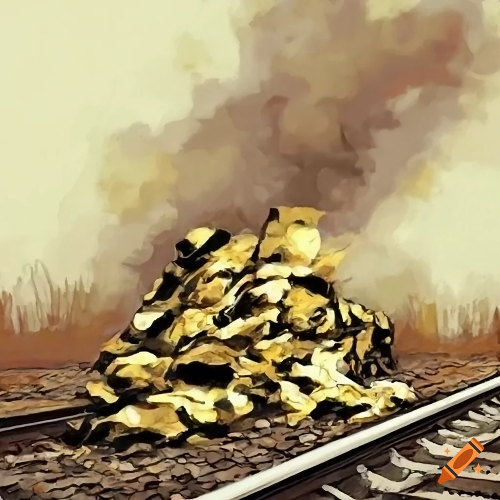 impressionist painting of a pile of gold on railroad track