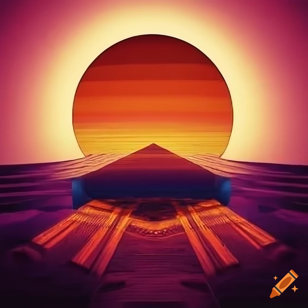 retrowave desert sunset block art with perspective grid